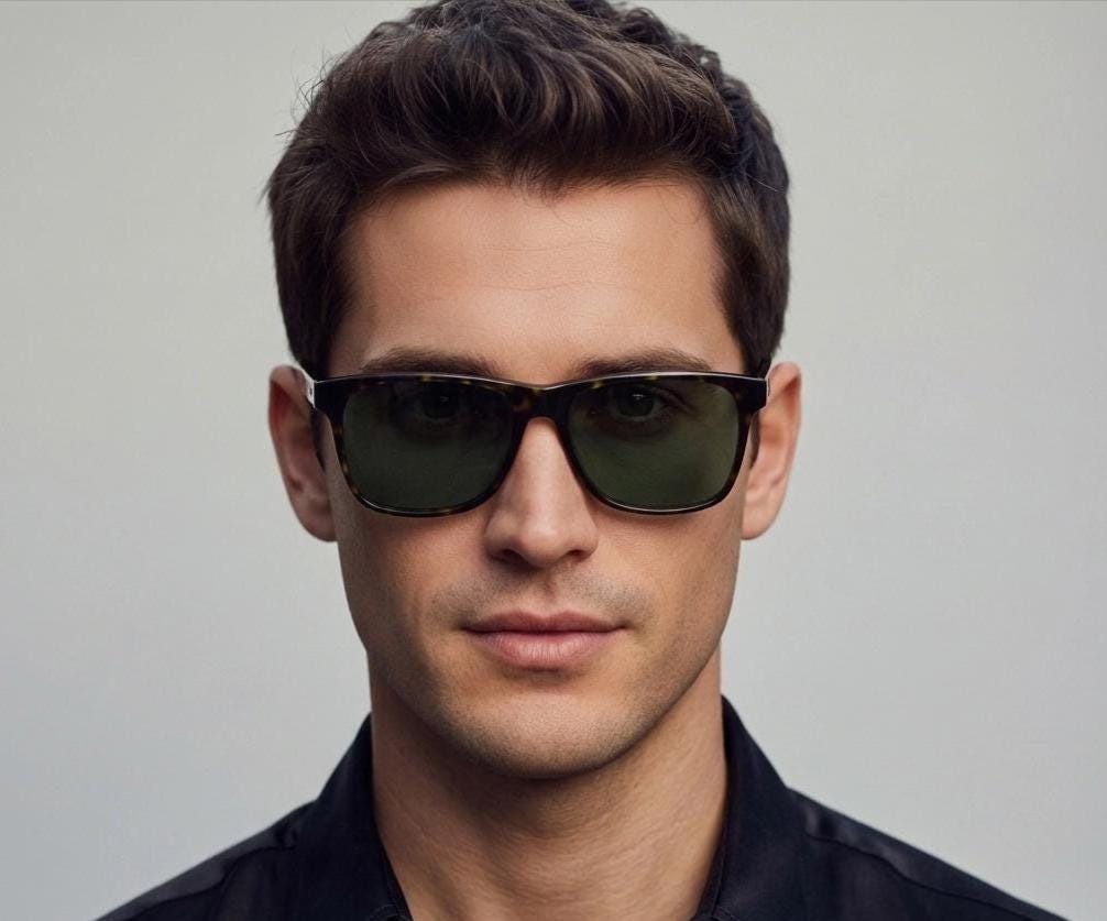 Bailey Nelson refined rectangular wayfarer sunglasses. All time classic vintage format. Hand made dark tortoise frame with green lenses