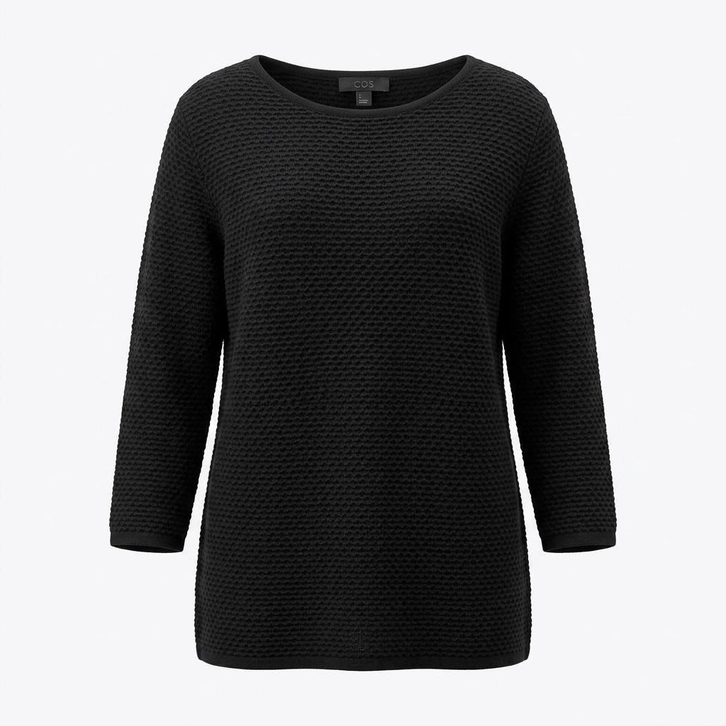 COS vintage Y2K round neck black waffle sweatshirt. Womens crew neck pullover jumper. 2000s sweater top. Long sleeve tunic dress
