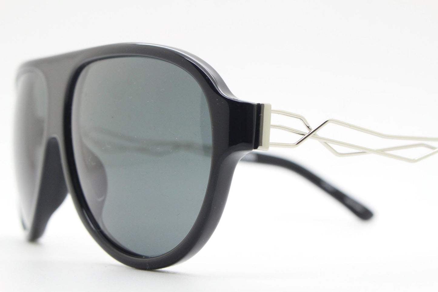 Prabal Gurung stylized aviator sunglasses made in Japan by Linda Farrow. Black frame with innovative abstract metal arm  Vintage Collab. NOS