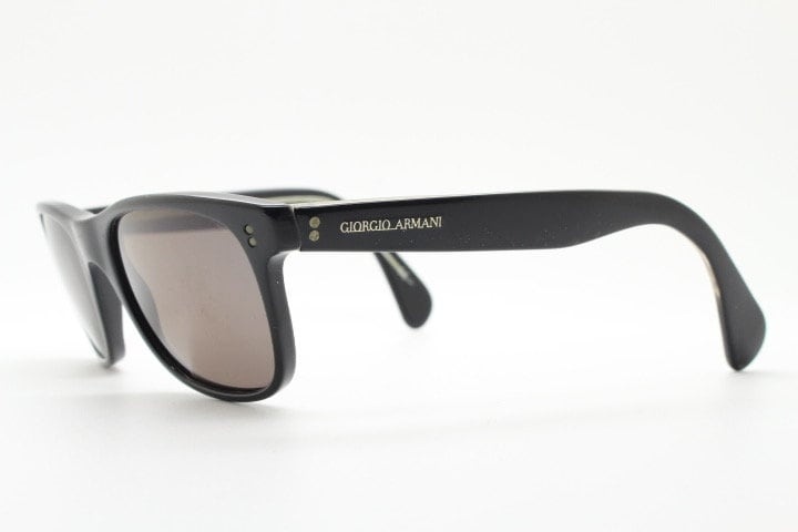 Giorgio Armani 90s vintage wayfarer design sunglasses made in Italy. All time classic in high grade plain black gloss acetate