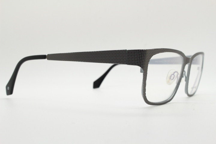 William Morris London rectangular eye glasses. Grey flat metal optical frames with textured check surface. Prescription RX eyeglasses