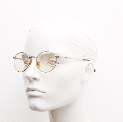 Vogue women's round eye glasses made in Italy. Gold chrome panto optical frame with indented diamond patterns. Prescription RX spectacles