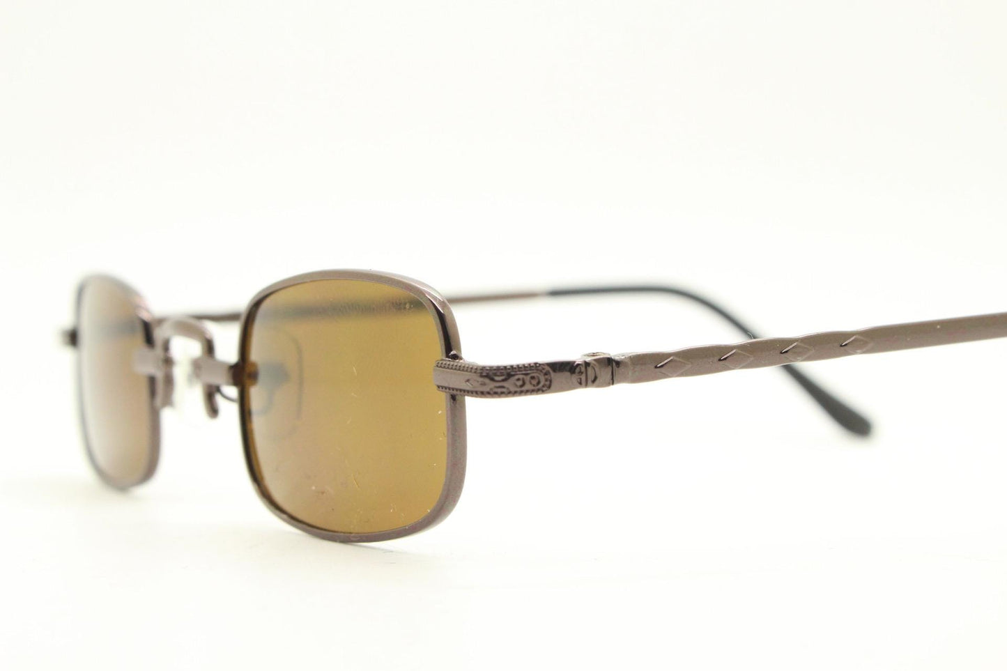 90s vintage small rectangular sunglasses. Imposing minimal brown chrome victorian style frame with matching lenses. Steampunk. Unused NOS