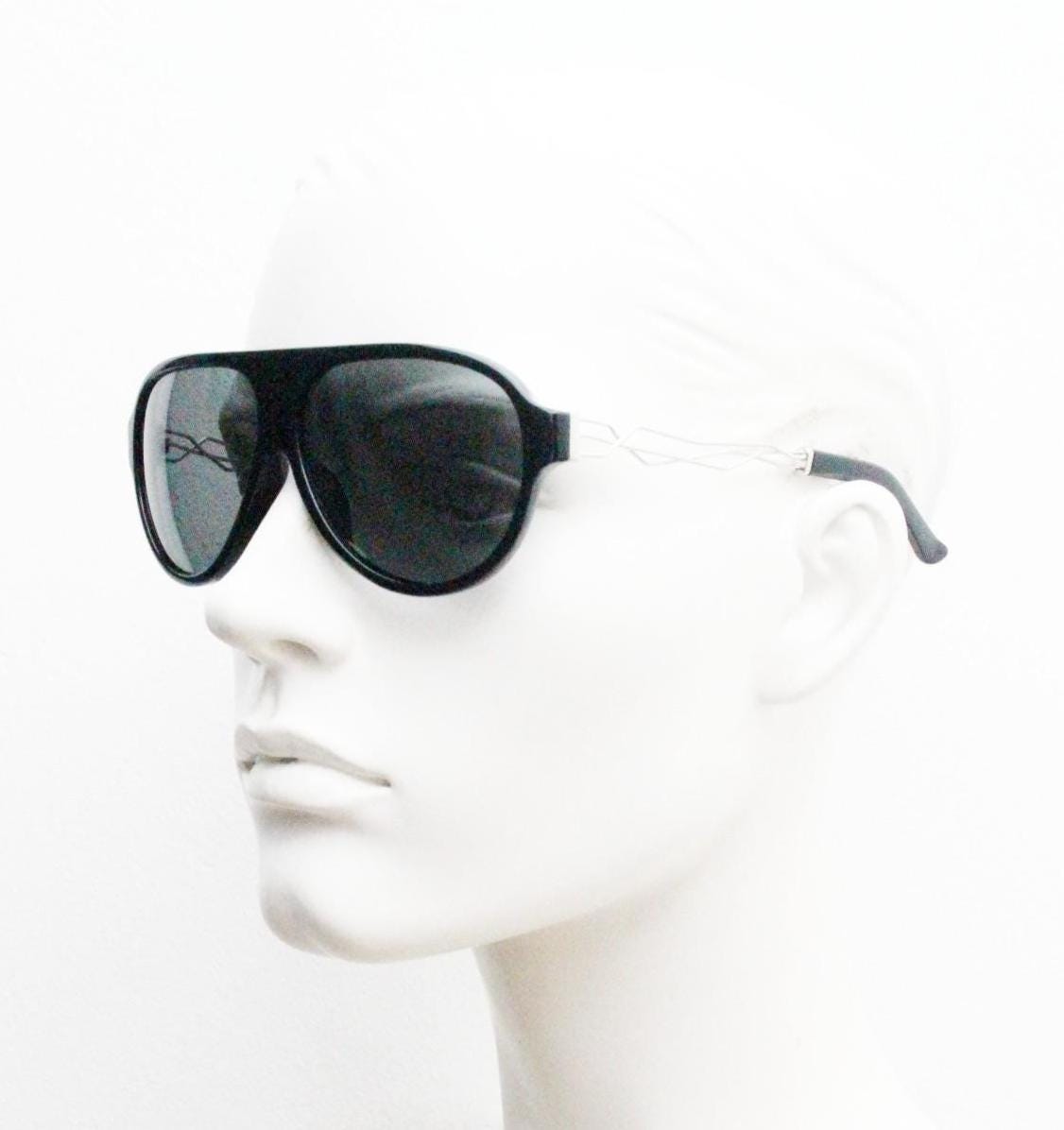 Prabal Gurung stylized aviator sunglasses made in Japan by Linda Farrow. Black frame with innovative abstract metal arm  Vintage Collab. NOS
