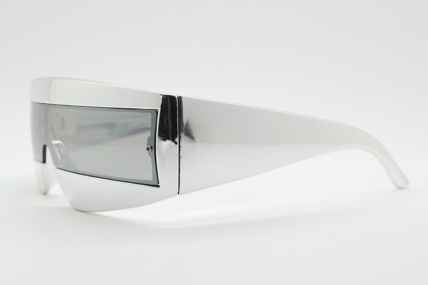 Y2K vintage square visor sunglasses. All silver 80s style robot shield design mirror mono lens with full height arms. 2000s mask. NOS BNWT