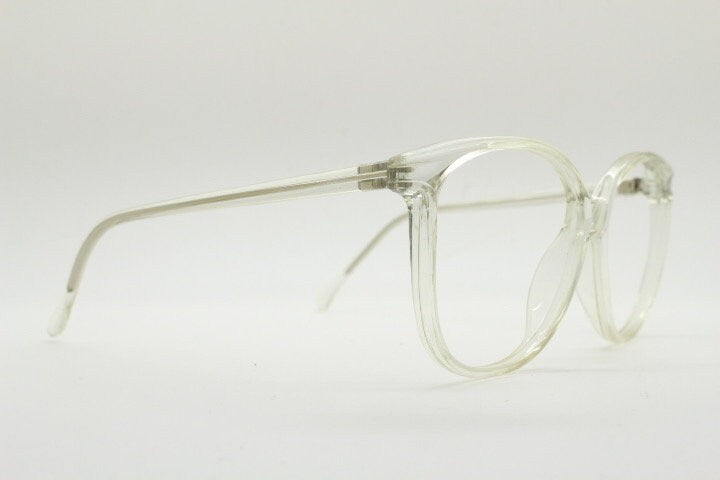 80s vintage oversized round cat eye glasses. Transparent clear crystal optical frame. Prescription RX spectacles. Clean NOS cateye