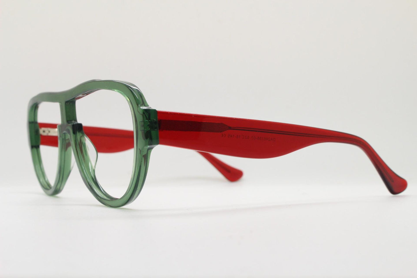 Modified acetate aviator eye glasses in dynamic transparent red and green. Optical frame. Prescription eyeglasses. RX spectacles. Vintage