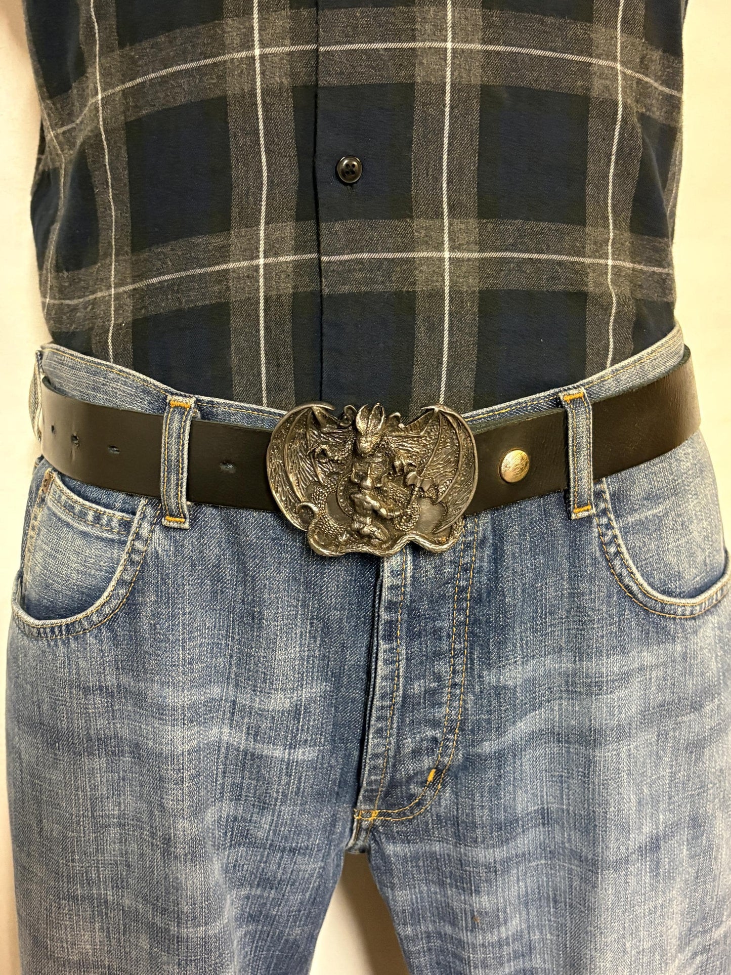 Bergamot brass works 1982 vintage 3D Beowulf and the dragon buckle on black genuine leather  changeable belt. Mythical fantasy. 80s