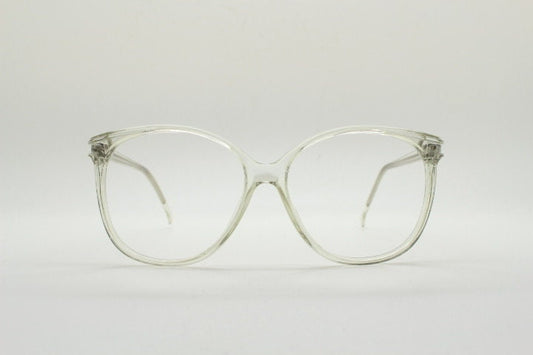 80s vintage oversized round cat eye glasses. Transparent clear crystal optical frame. Prescription RX spectacles. Clean NOS cateye