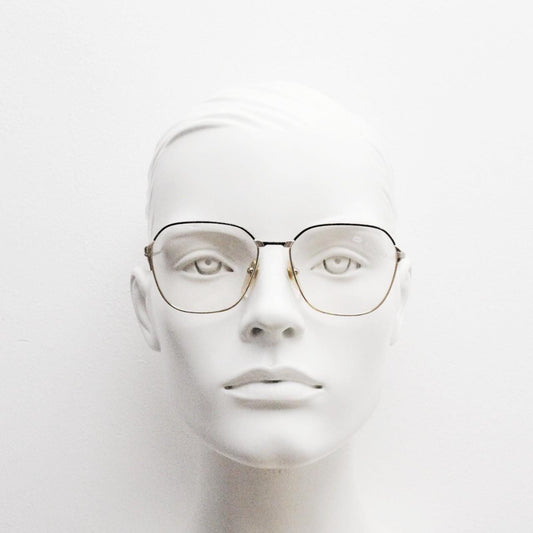 80s vintage square eye glasses made in Italy by Studio. Black and gold patterned metal optical frames in neat proportions. Unused NOS