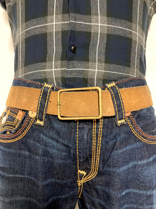 60s vintage thick brown suede 2" belt with large brass buckle. Made from genuine supple cowhide leather for jeans or trousers. Mens. Hippy