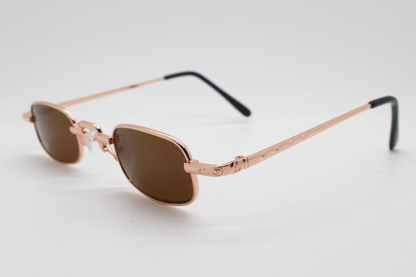 90s vintage small rectangular sunglasses. Imposing minimal gold metal victorian style frame with black lenses. Steampunk. Unused BNWT