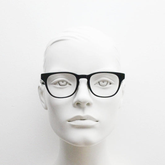 Andi Black rectangular horn rim eye glasses. Black gloss 40s design acetate optical frames with keyhole bridge. Prescription RX spectacles