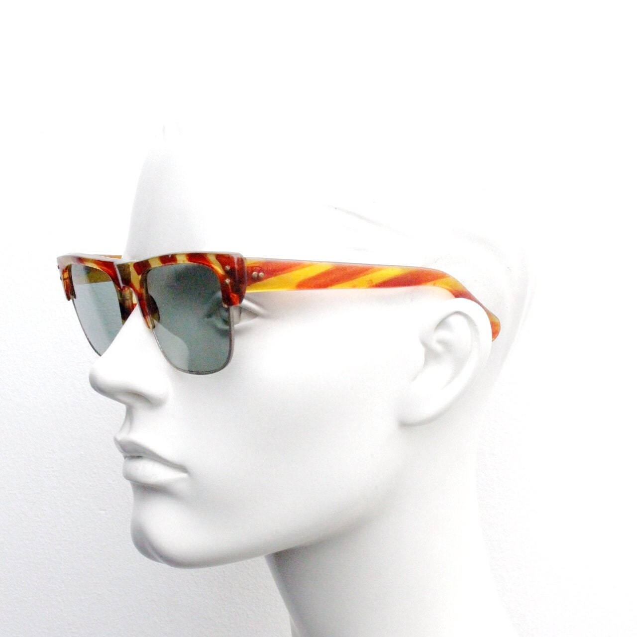 60s vintage low profile wide wayfarer style sunglasses. Mens mod transparent fat arm frame with hand finished print and real glass lenses