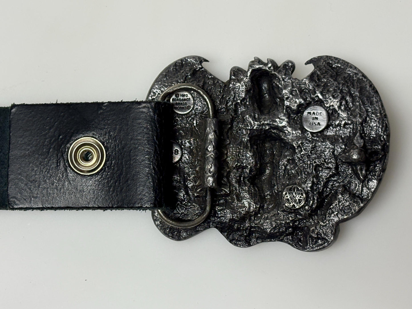 Bergamot brass works 1982 vintage 3D Beowulf and the dragon buckle on black genuine leather  changeable belt. Mythical fantasy. 80s