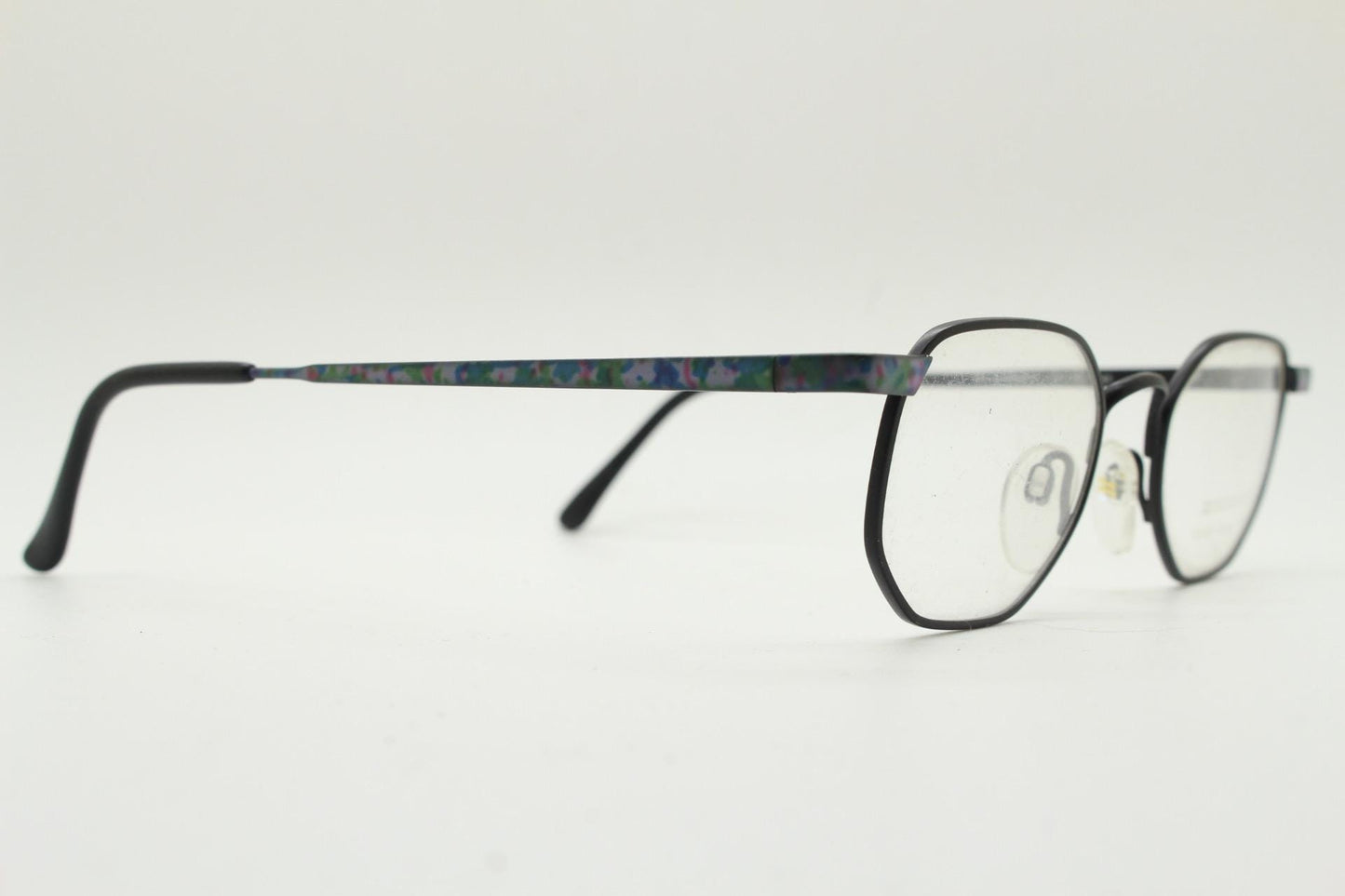 Eschenbach 90s vintage angular octagon eye glasses. Sharp matt black optical frame with blue marbled arms. Prescription RX spectacles. NOS