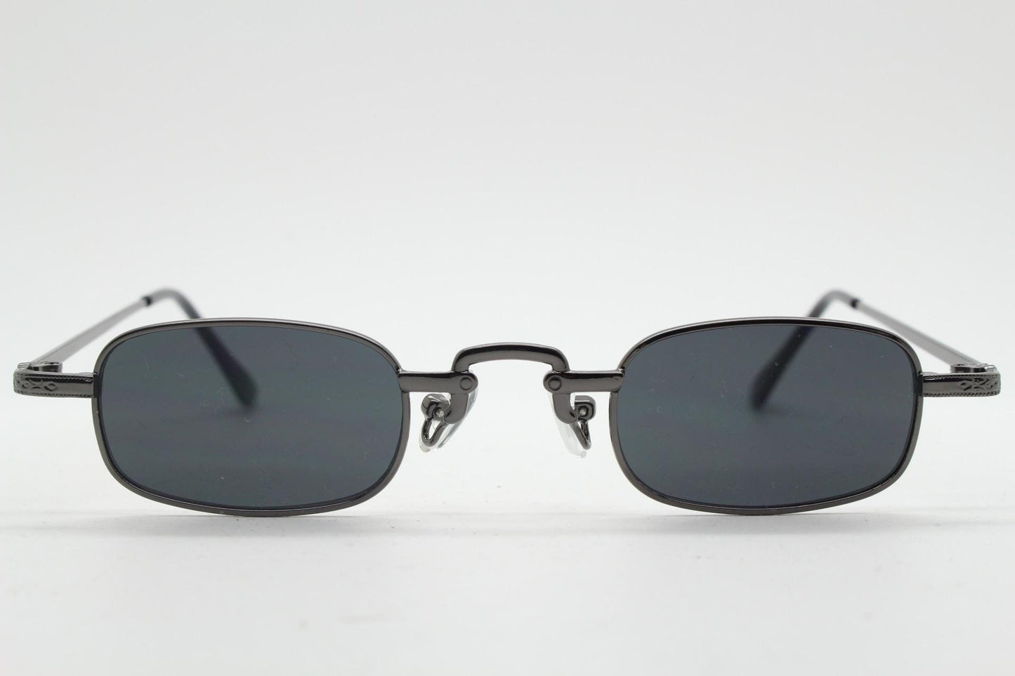 90s vintage small rectangular sunglasses. Imposing minimal gunmetal grey victorian style frame with black lenses. Steampunk. Unused NOS