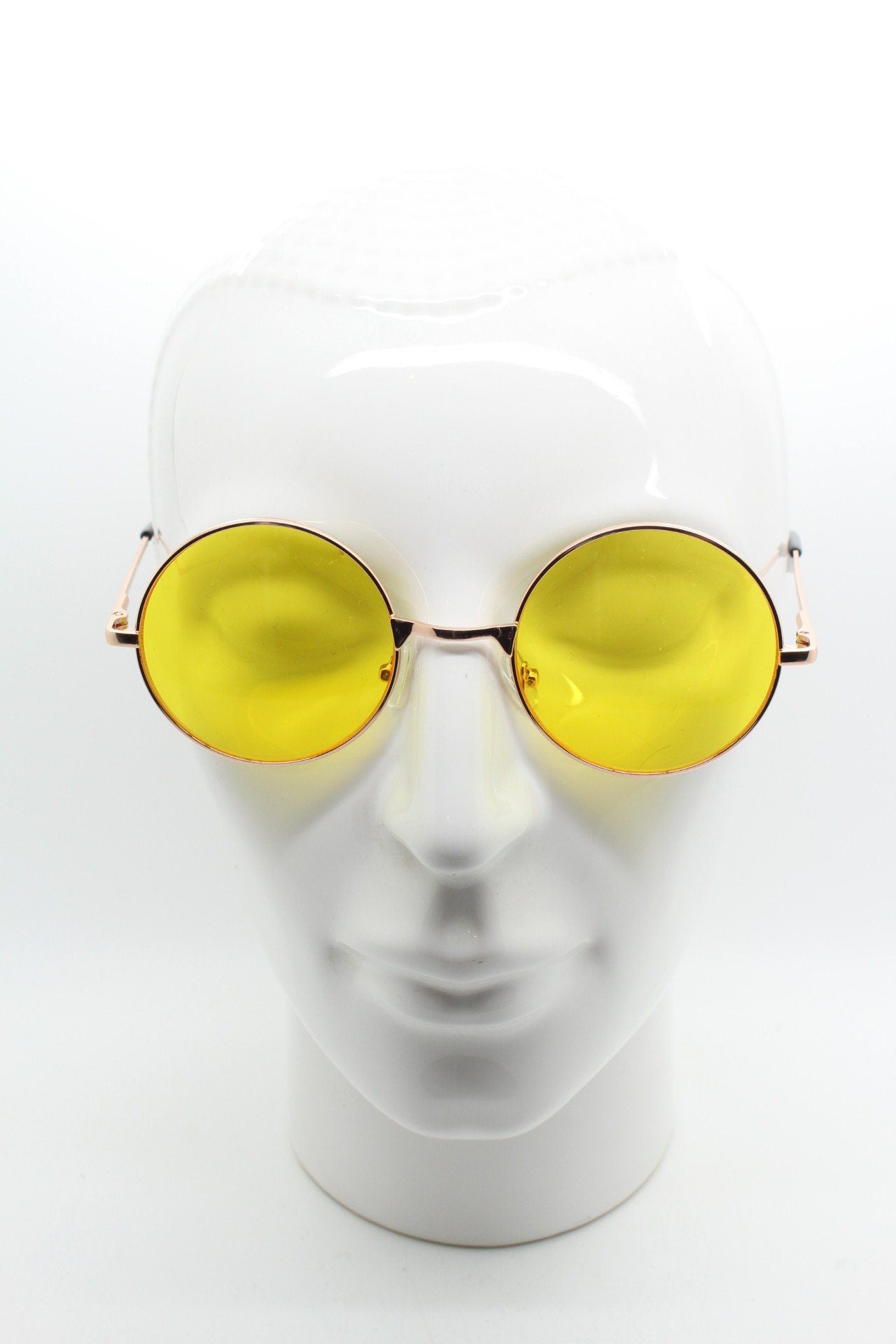 90s round vintage sunglasses. Rose gold metal frame with bright yellow lenses. 1920's style. John Lennon. Steampunk. NOS