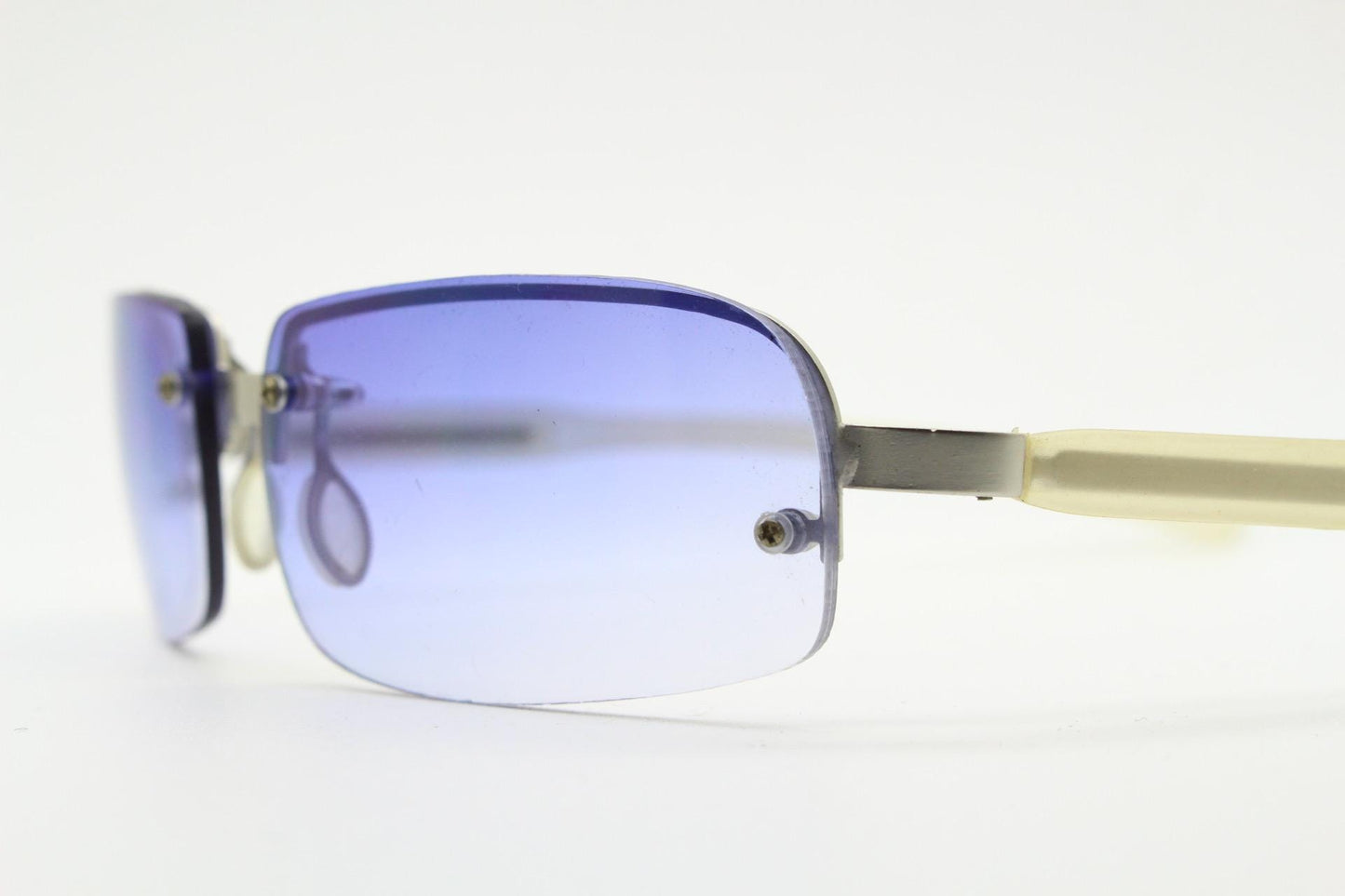 Y2K vintage rectangular half frame purple sunglasses. Minimal metal satin finish browline 2000's wrap around with frosted clear arms. NOS