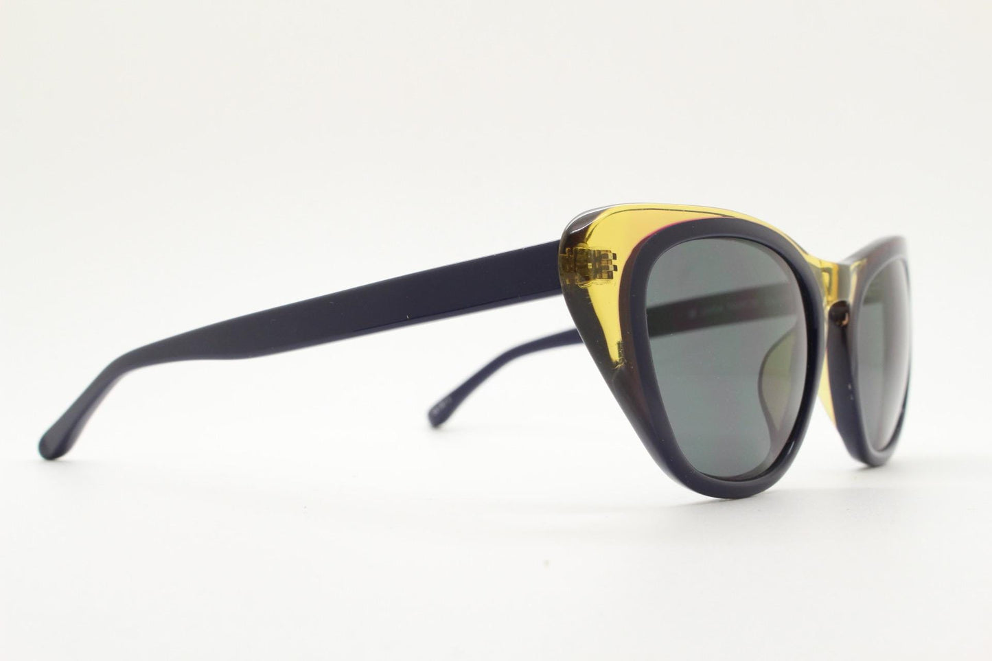 Linda Farrow cat eye sunglasses made in Japan by Erdem. Black with transparent amber outline. Luxe Gallery Projects Vintage. NOS Full Set