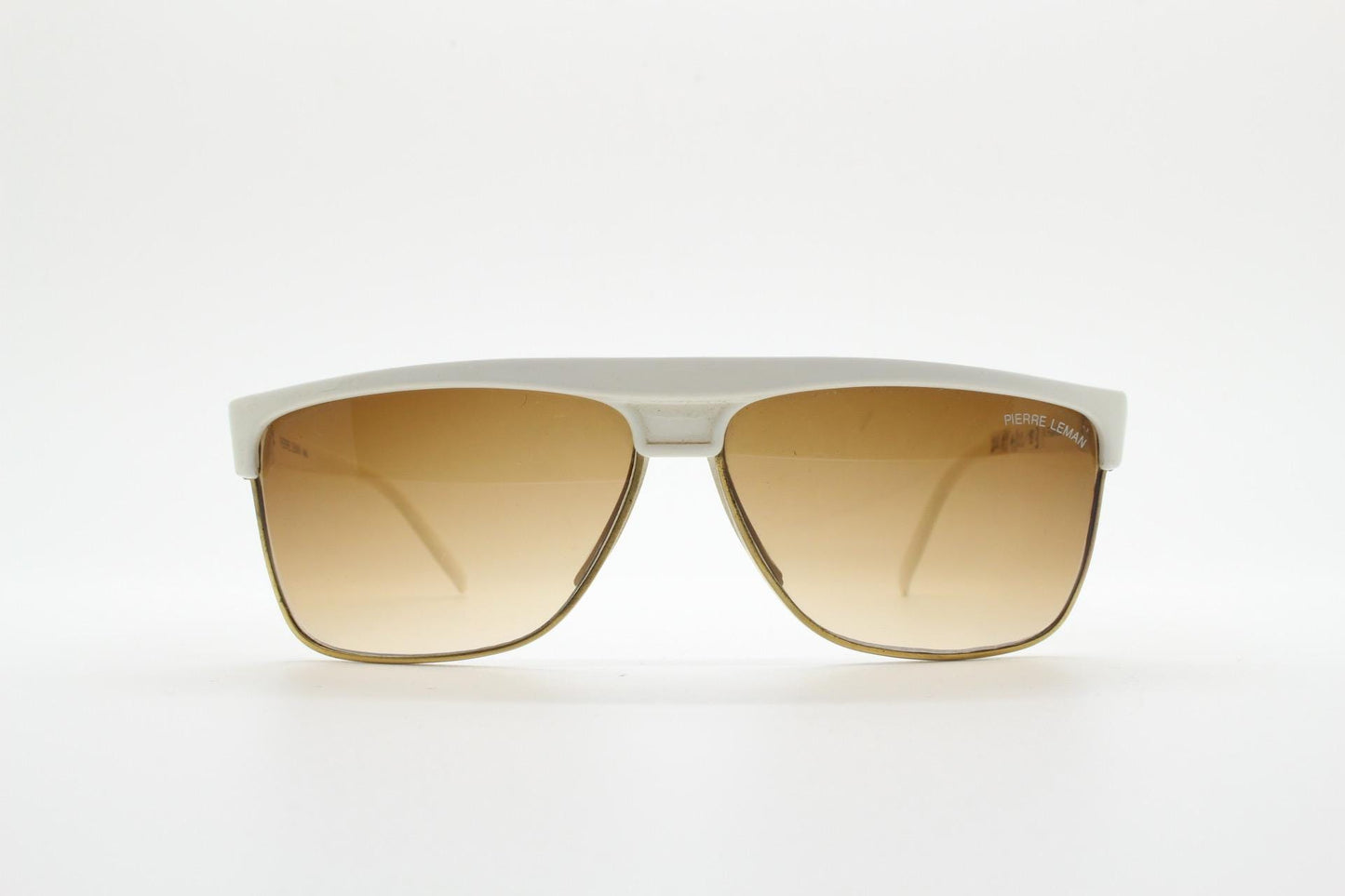 Pierre Leman Paris 80s vintage rectangular sunglasses made in France. Ice white flat top half frame with brown graduating lenses