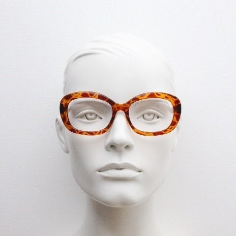 90s vintage angular rounded eye glasses. Transparent vibrant amber giraffe pattern optical frame. Womens prescription eyeglasses. RX