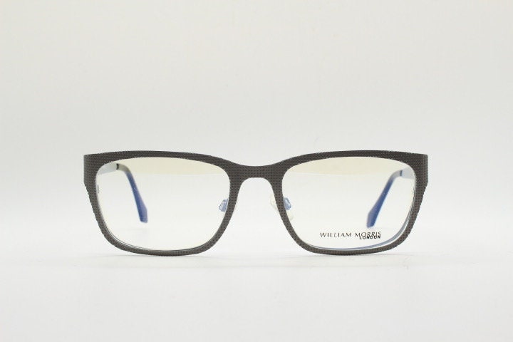 William Morris London rectangular eye glasses. Grey flat metal optical frames with textured check surface. Prescription RX eyeglasses