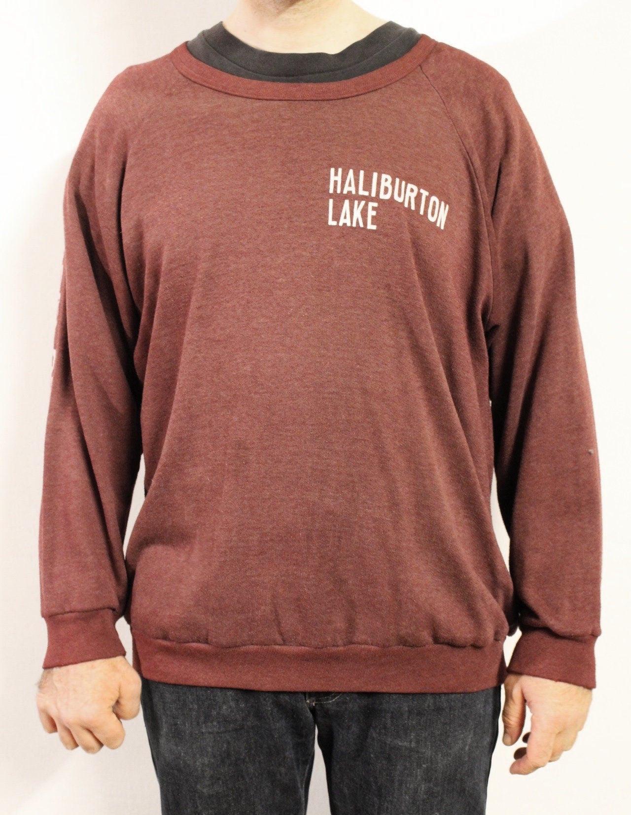 Plain wine oversized 'Haliburton Lake' sweatshirt. Mens burgundy crew neck pullover. Round neck mens jumper