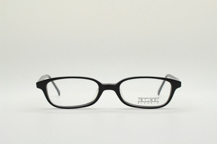 Sting 90s vintage rectangular eye glasses made in Italy. Plain black gloss low profile acetate optical frames. Prescription RX. NOS