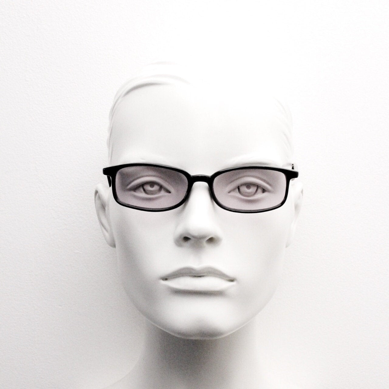 90s vintage rectangular sunglasses. Slim low profile black gloss frame with extra light tone lilac purple lenses. Y2K 2000s. BNWT Unused NOS