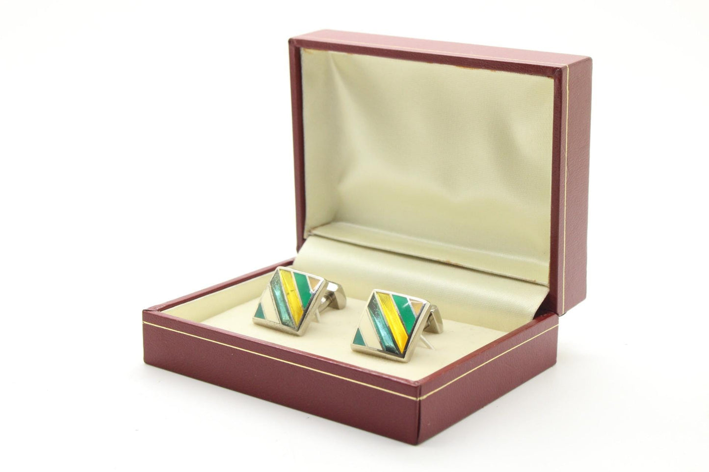 Thomas PInk vintage square cuff links made in England. Solid metal construction with enamel stripes in green and yellow tones. Unused NOS