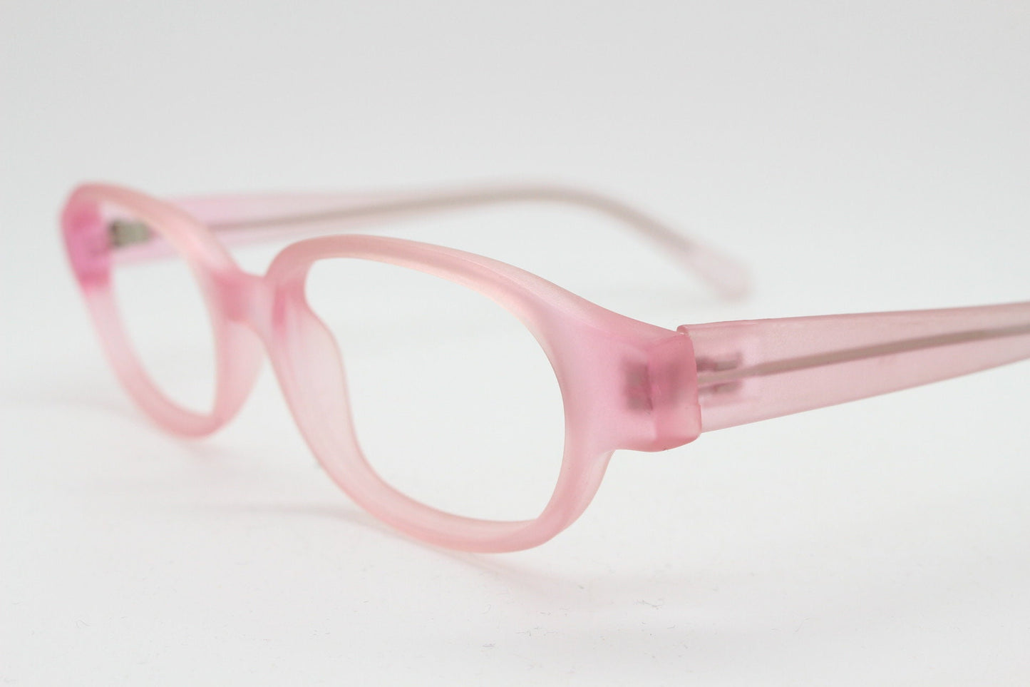 90s vintage rectangular low profile glasses. Transparent pink frosted finish optical frames. Prescription eyeglasses. RX Spectacles