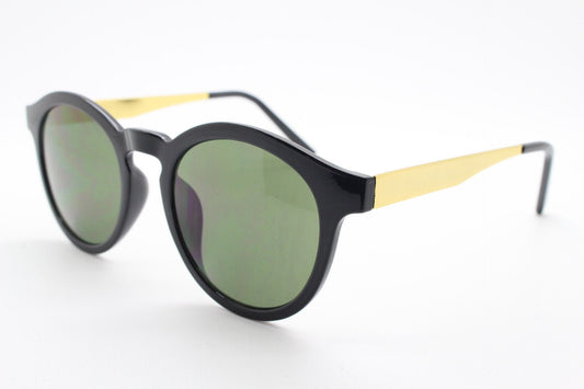 90s vintage round sunglasses. Black gloss frame with contrasting gold arms