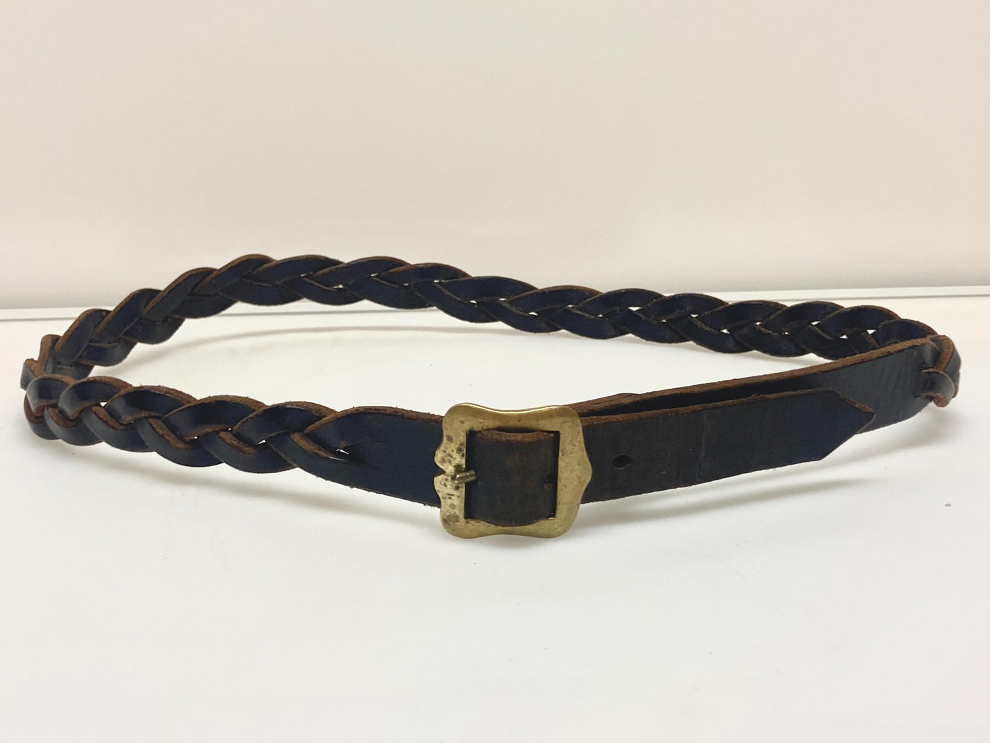 80s vintage thick black genuine leather plaited western 1" belt with changeable brass buckle. For jeans and trousers. Rawhide