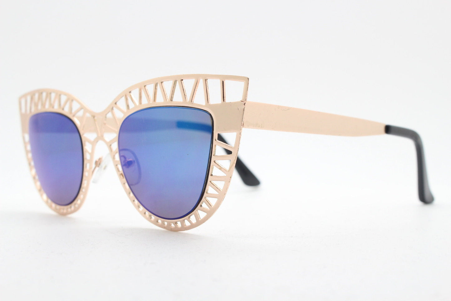 Y2K vintage metal cat eye sunglasses. Women's extraordinary gold cut out lattice scaffold cateye frame with blue mirror lenses. 2000s. BNWT
