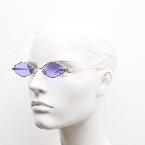 90s vintage small diamond sunglasses. Minimal gold psychedelic mod style frame with bright purple lenses. Unused New Old Stock