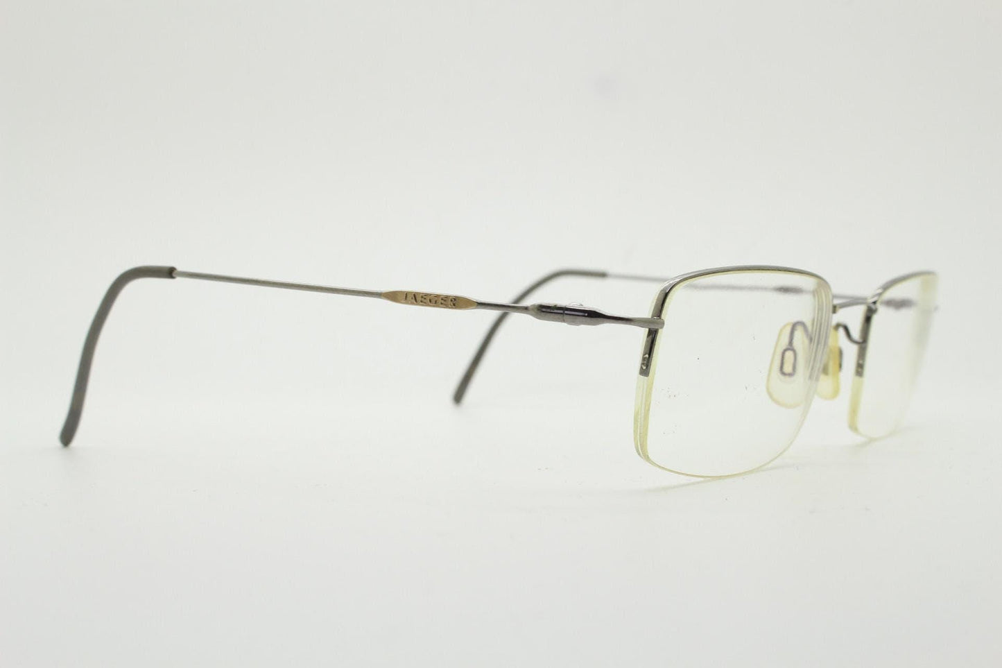 Jaegar vintage rectangular eye glasses. Extremely minimal grey half frame in titanium. Optical spectacles. Prescription spectacles. RX