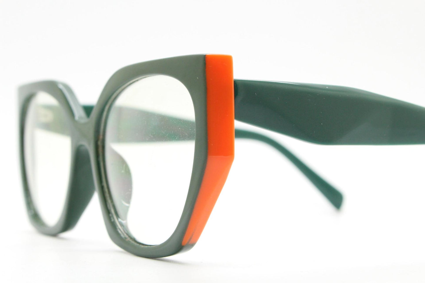 Sharp angled flat top  cat eye glasses. Refined green cateye optical frame with bright orange side sections. Prescription RX Spectacles