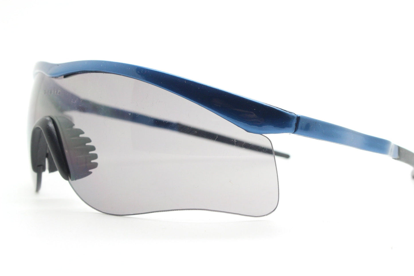 2000s vintage visor sports shield sunglasses. Blue brow line half frame with grey wraparound mono lens. Mini mask. BNWT. Y2K cycling . NOS