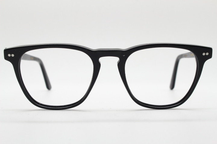 Ace and Tate slim wayfarer design eye glasses made in Italy. Plain black gloss acetate optical frames. Prescription RX
