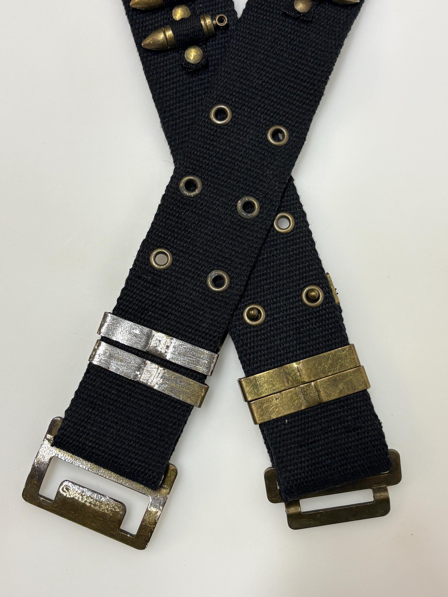 90s vintage army webbing bullet belt. Thick black canvas with distressed metal hardware. Fully adjustable. Bullets incl. Hunting. Webbing