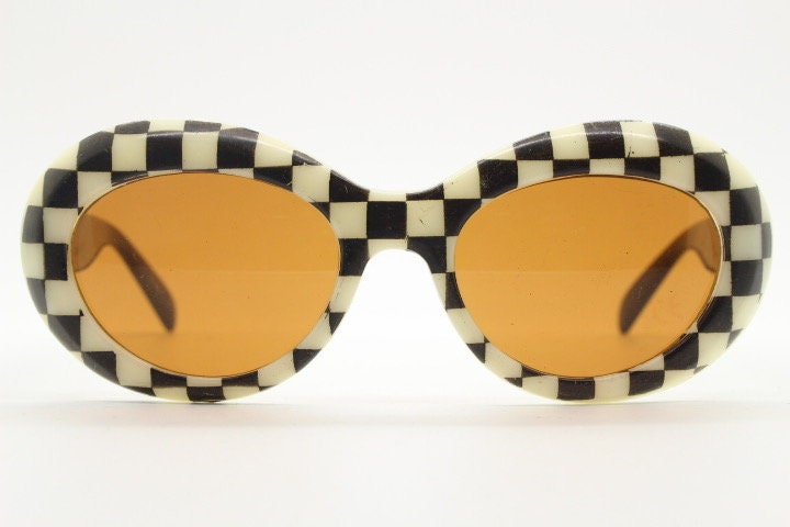 80s vintage round check monochrome sunglasses. 60s op art mod design frame with brown lenses. Clout goggles. Oval bug eye. NOS. Kurt Cobain