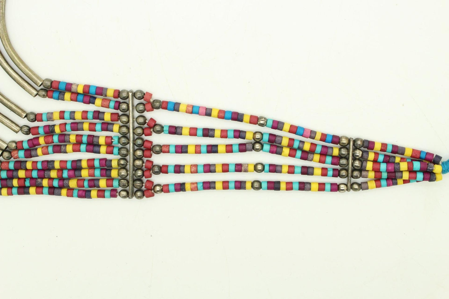 Y2K vintage massive statement Masai style beaded chain necklace. Multi coloured beads with concentric semi circle metal crescents. NOS