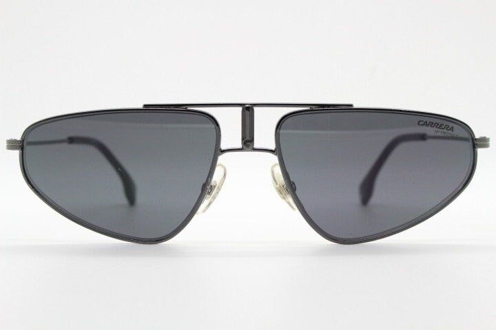 Carrera 90s vintage triangular aviator sunglasses model 1021/S. Gunmetal grey chrome flat top metal frame aviators with black lenses