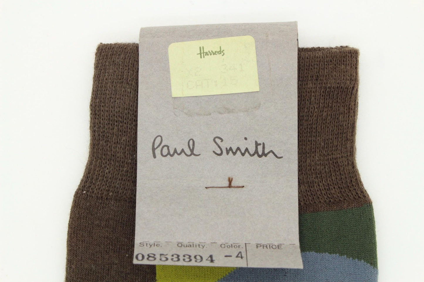 Paul Smith broad striped socks in green, brown and emerald tones with big circles. From the world famous Harrods store. Vintage NOS. BNWT