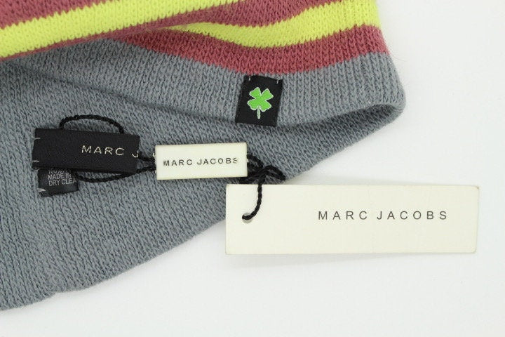 Marc Jacobs knitted beanie pull down hat. Yellow and mauve stripes with plain grey reversible inside. Designer cap. BNWT