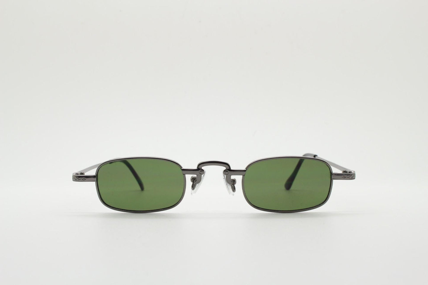 90s vintage small rectangular sunglasses. Imposing minimal gunmetal grey victorian style frame with green lenses. Steampunk. Unused NOS
