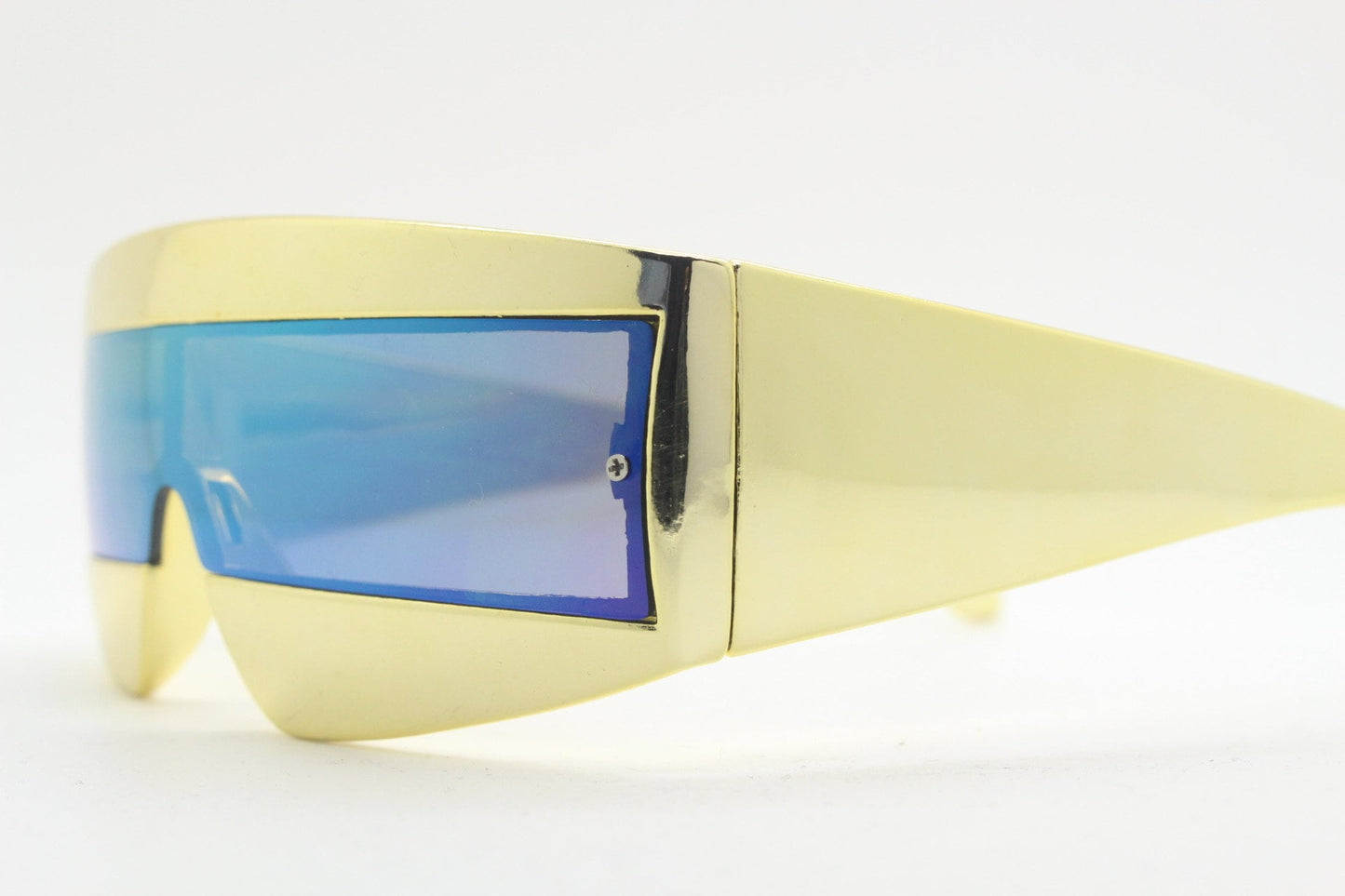 Y2K vintage square visor sunglasses. Gold 80s style robot shield design. Mirror mask mono lens with full height arms. 2000s NOS BNWT