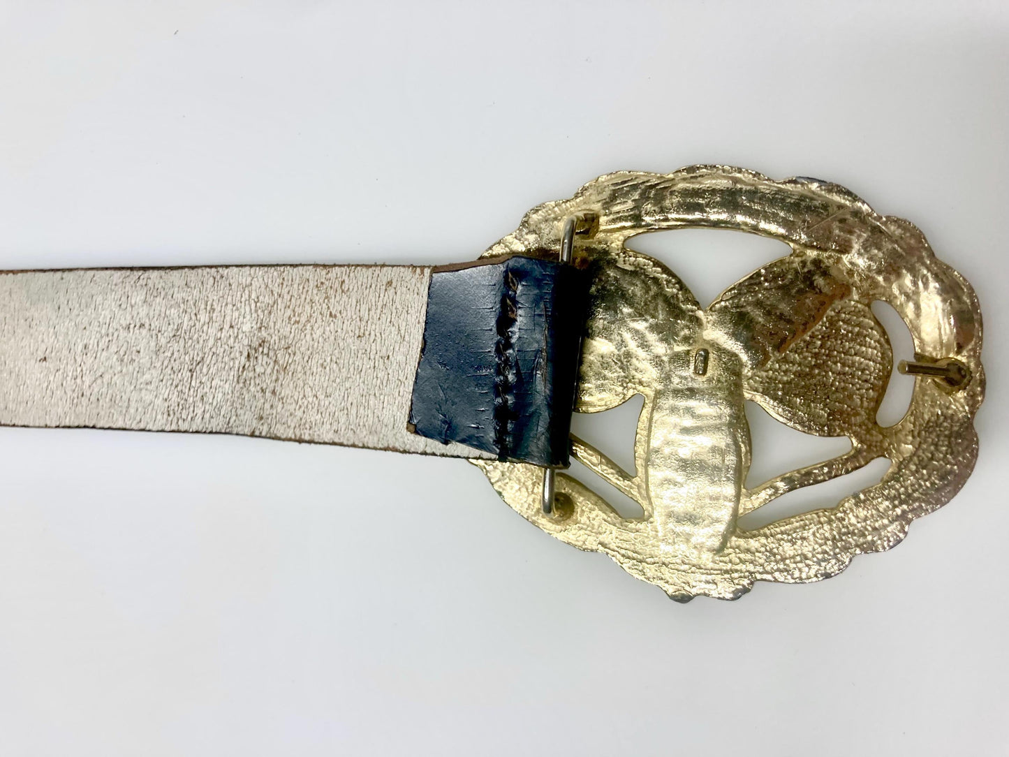 70s vintage womens dress or jeans belt with big round fancy buckle. Gold with multi colour indented patterns. Raw home made finish. NOS
