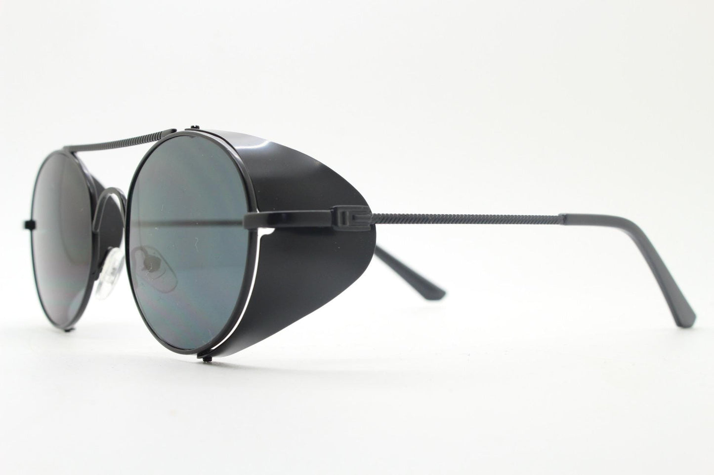 90s vintage round goggle sunglasses. All metal black satin frame with folding side blinkers. Spoilers. Steampunk. Cosplay. NOS